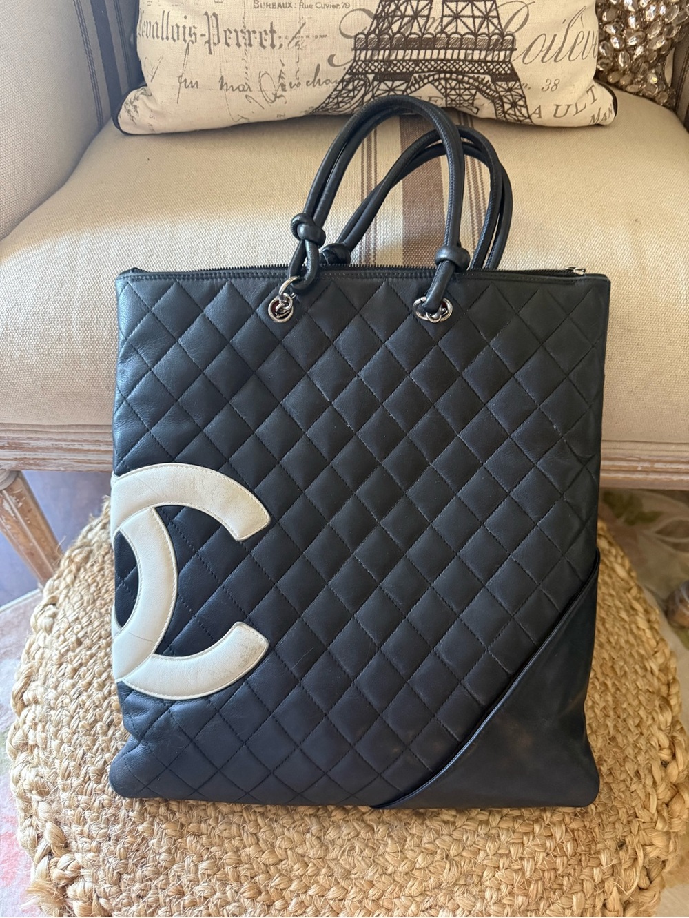 CHANEL Black Leather Quilted Tote with White CC Appliqué